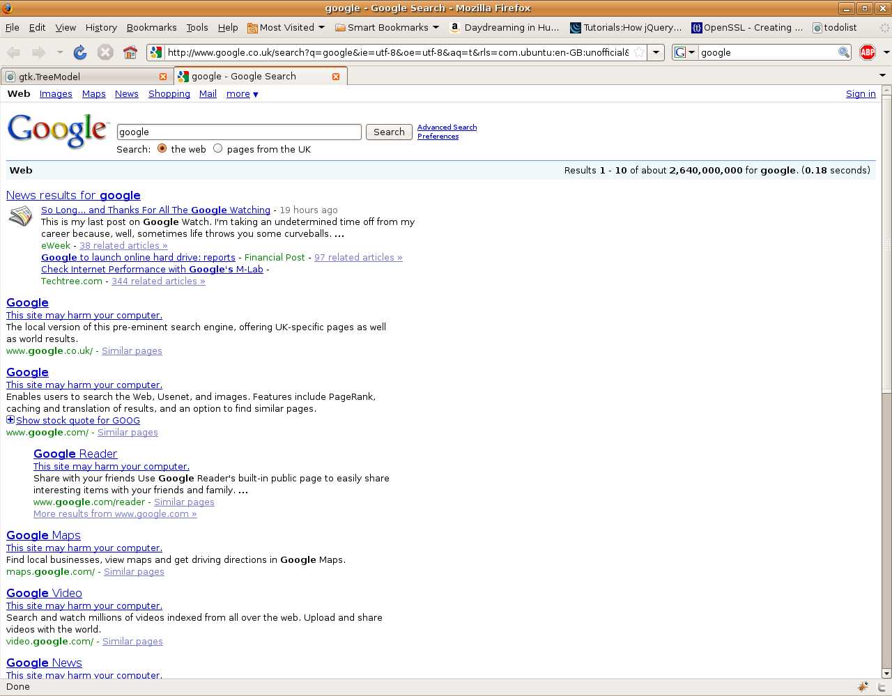 Google FAIL Every site has 'may harm your computer' next to it, including Google itself. Nice.