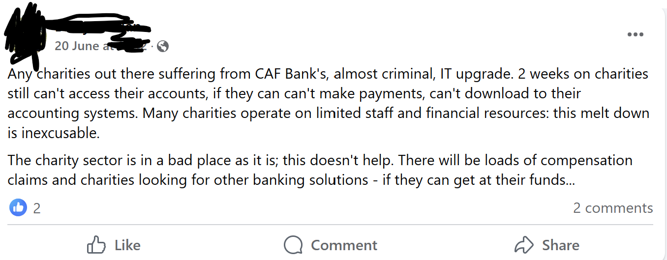 CAF Bank comment on Facebook