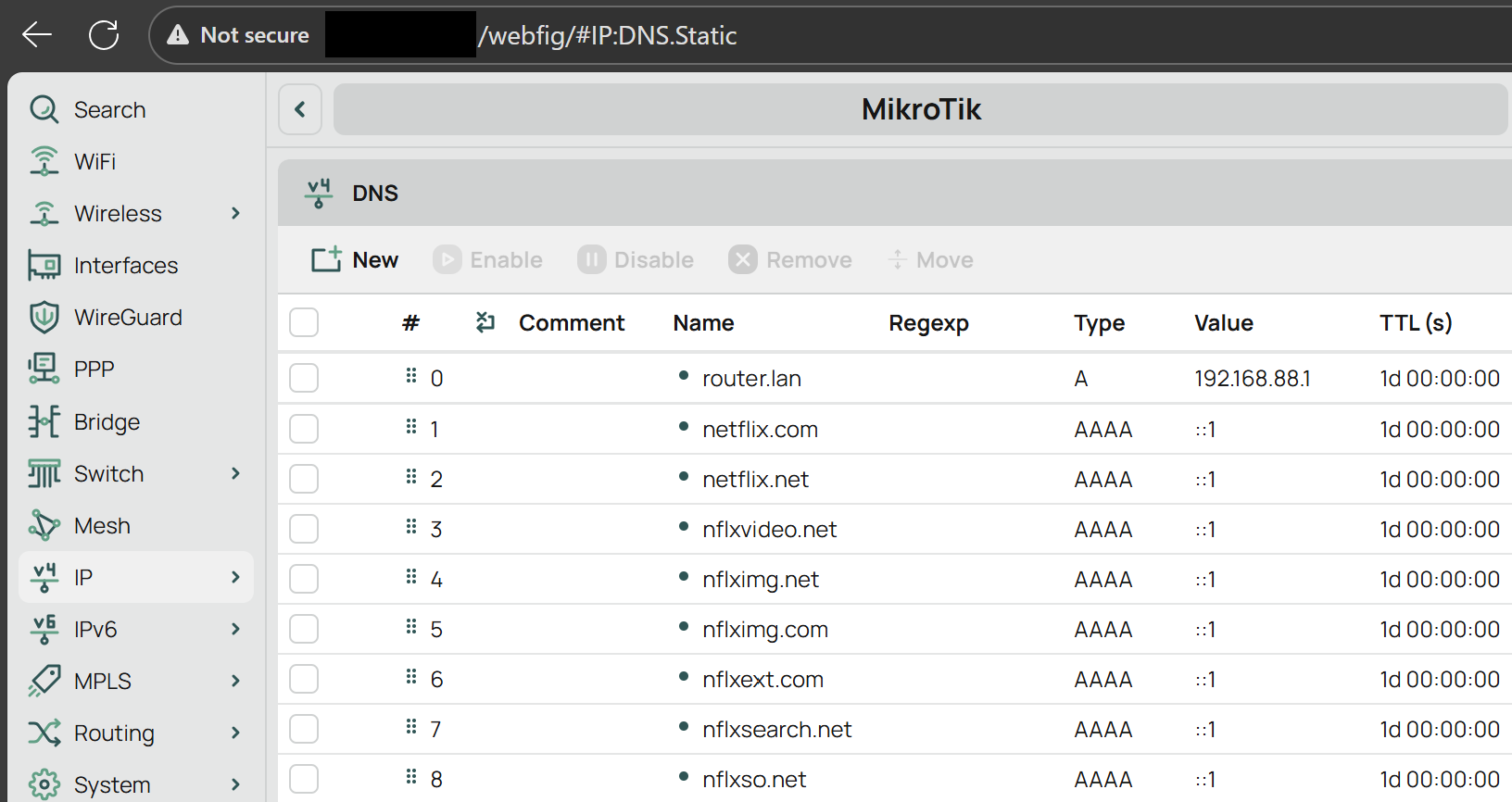Static DNS entries on a Mikrotik router