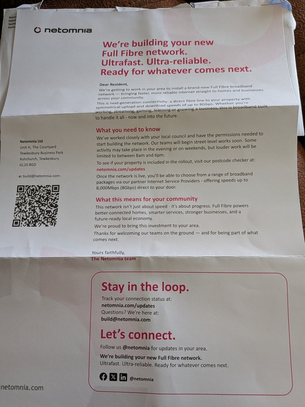 Netomnia's letter about building their network in my area