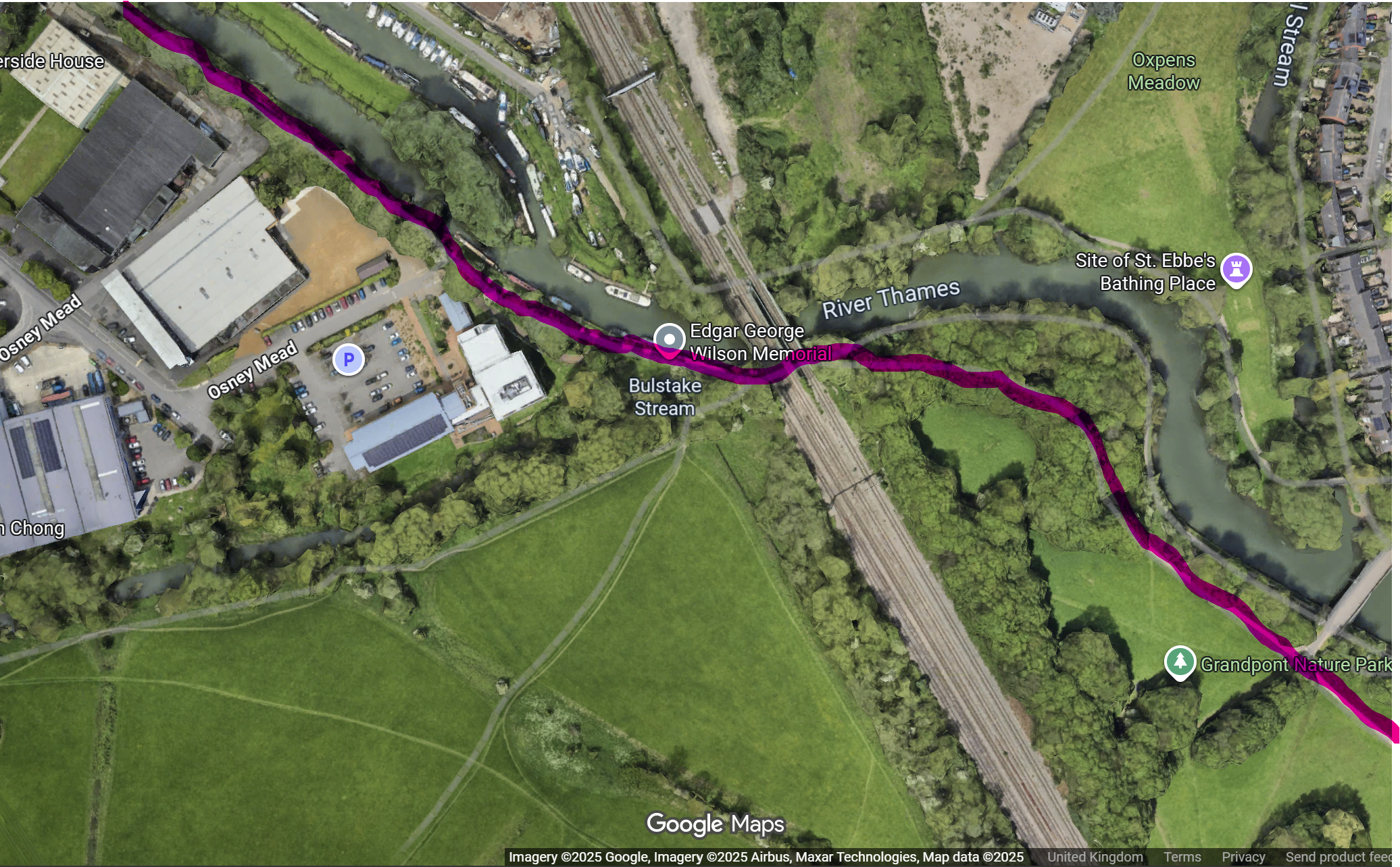 Towpath south of Osney Lock marked on a satelite photo
