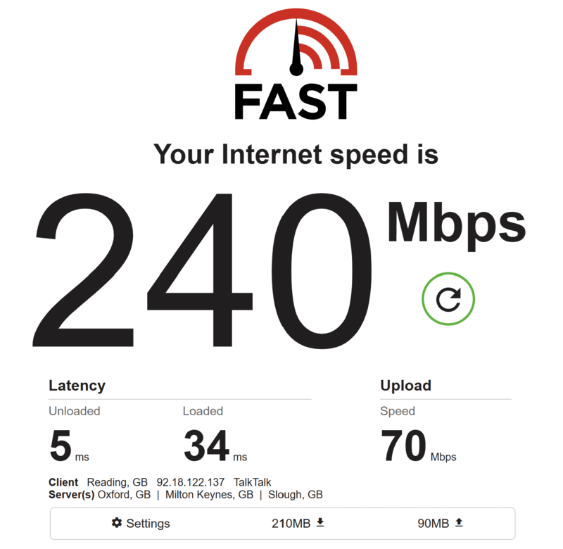 Fast.com speed test showing around 500Mbps over outdoor WiFi