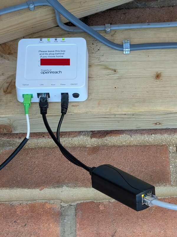 Openreach ONT mounted near my networking cabinet in the garage