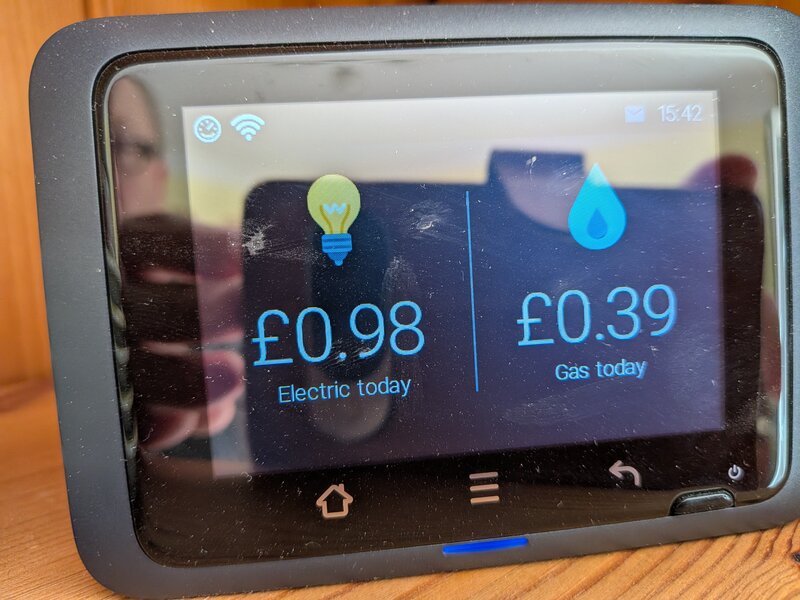 Smart meter in-home display showing 98p of electricity used today